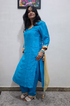 Raw Silk Kurta Blue Suit with Pant and Chiffon Dupatta with Lace Detailing