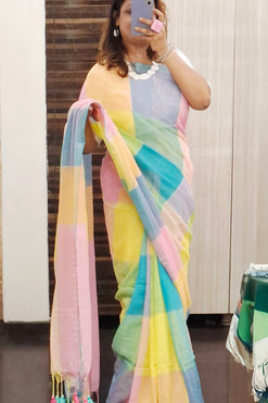 Multicoloured Linen Saree with Running Blouse Piece