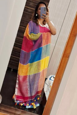 Multicoloured Linen Saree with Running Blouse Piece
