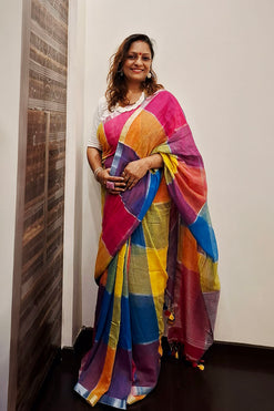 Multicoloured Linen Saree with Running Blouse Piece