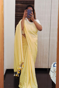 Pastel Yellow Sheds with White Stripes Handloom Cotton Saree with Plain Blouse Piece