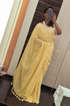Pastel Yellow Sheds with White Stripes Handloom Cotton Saree with Plain Blouse Piece