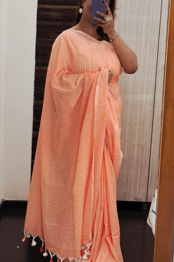 Pastel Orange Sheds with White Stripes Handloom Cotton Saree with Plain Blouse Piece