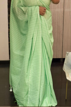 Pastel Green Sheds with White Stripes Handloom Cotton Saree with Plain Blouse Piece