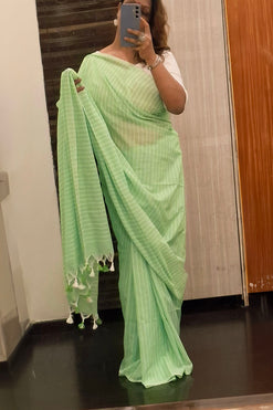 Pastel Green Sheds with White Stripes Handloom Cotton Saree with Plain Blouse Piece