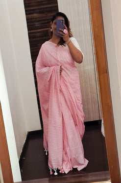 Pastel Pink Sheds with White Stripes Handloom Cotton Saree with Plain Blouse Piece