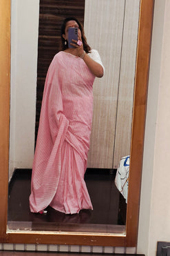 Pastel Pink Sheds with White Stripes Handloom Cotton Saree with Plain Blouse Piece