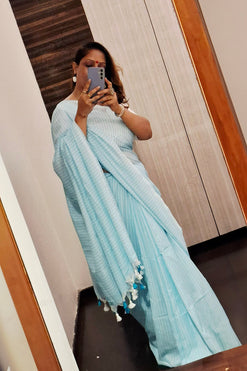 Pastel Blue Sheds of White Stripes Handloom Cotton Saree with Plain Blouse Piece