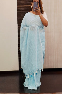Pastel Blue Sheds of White Stripes Handloom Cotton Saree with Plain Blouse Piece