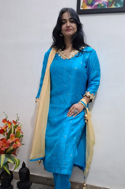 Raw Silk Kurta Blue Suit with Pant and Chiffon Dupatta with Lace Detailing