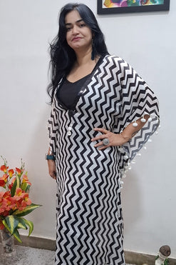 Georgette Satin Long Kaftan with Lace Detailing and Kaudi Attached with Black Slip and Pant