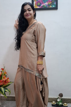 Summer Silk Short Asymmetric Hem Kurti with Cowl Pant with Black Lace Detailing