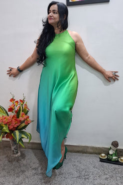 Satin Georgette Asymmetric Hem Peacock Shade Halterneck Dress