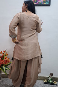 Summer Silk Short Asymmetric Hem Kurti with Cowl Pant with Black Lace Detailing