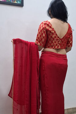 Red Saree Style Skirt with Boat Neck Blouse and Separate Pallu with Work