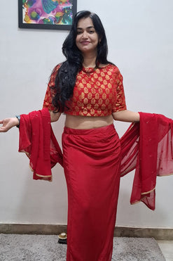 Red Saree Style Skirt with Boat Neck Blouse and Separate Pallu with Work
