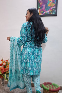 Bagru Print Short Printed Kurta with Work on Neck and Sleeves with Dhoti and Dupatta