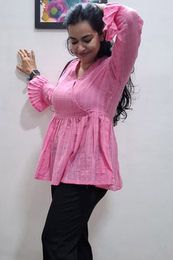 Pink Yarn Dyed Cotton Angrakha Style Shorts Kurti