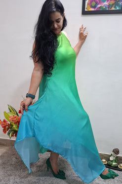 Satin Georgette Asymmetric Hem Peacock Shade Halterneck Dress