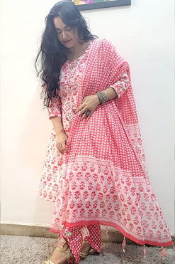 Bagru Print Kali Suit with Dhoti and Dupatta with Lace and Tassels Detailing