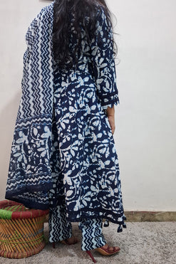 Bagru Print Angrakhaa Style Suit with Pant and Dupatta with Lace and Tassels Detailing
