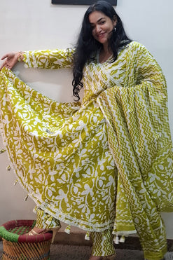 Bagru Print Angrakhaa Style Suit with Pant and Dupatta with Lace and Tassels Detailing