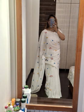 White Mulmul Saree with Embroidery W/out Blouse Piece