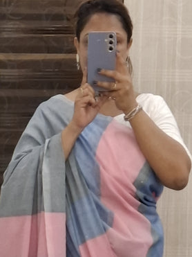 Light Blue and Light Pink Pure Cotton Saree with Running Blouse Piece