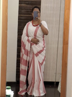 White and Pink Pure Cotton Saree with Running Blouse Piece