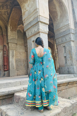 Green Printed Suit Fabric: Organza, Shantoon