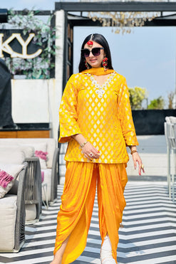 Yellow Suit with Tulip Pant For Haldi Fabric: Brocade + Satin