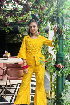 Yellow Co-ord Set For Haldi Fabric: Dupion silk, Lace fabric