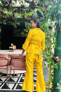 Yellow Co-ord Set For Haldi Fabric: Dupion silk, Lace fabric