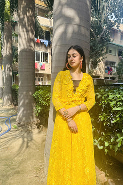 Yellow Long Dress For Haldi Fabric: Lace