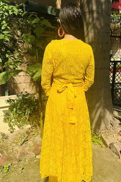 Yellow Long Dress For Haldi Fabric: Lace