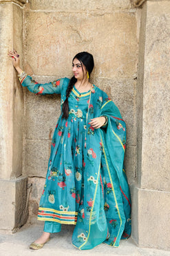 Green Printed Suit Fabric: Organza, Shantoon