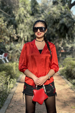 Red Solid Shirt Fabric: Satin Georgette
