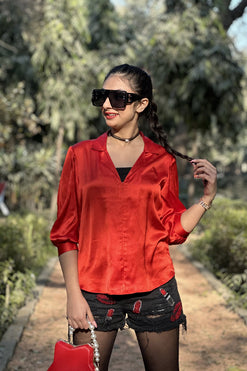 Red Solid Shirt Fabric: Satin Georgette