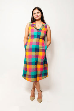 Shirt Dress with Side Pockets Cotton Handloom