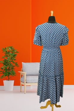 Bagru Print Blue Dress Fabric: Cambric Cotton