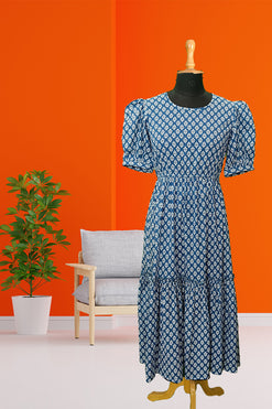 Bagru Print Blue Dress Fabric: Cambric Cotton