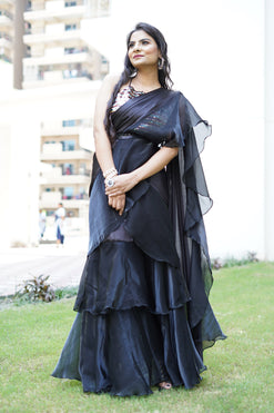 Glamorous and Stylish Saree Black-Fabric-Satin, Organza