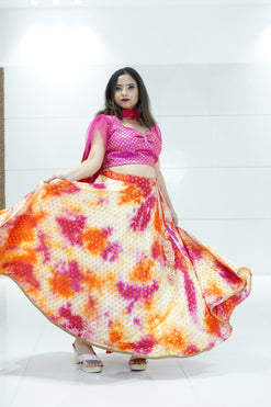 Brocade blouse with Flared Skirt & Dupatta-Fabric-Satin, Brocade, Shiny Organza