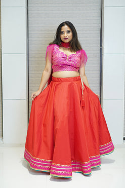 Brocade blouse with Flared Skirt & Dupatta-Fabric-Satin, Brocade, Shiny Organza