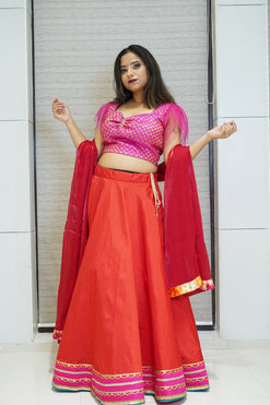 Brocade blouse with Flared Skirt & Dupatta-Fabric-Satin, Brocade, Shiny Organza