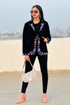 Navy Blue Embellished Blazer  Fabric:  Velvet