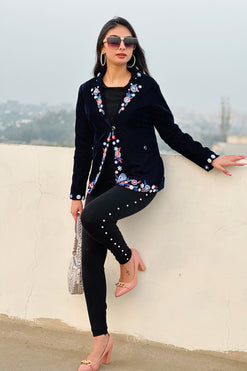 Navy Blue Embellished Blazer  Fabric:  Velvet