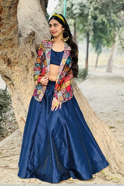 Navy Blue Skirt, Crop Top With Cape Fabric: Dupion Silk