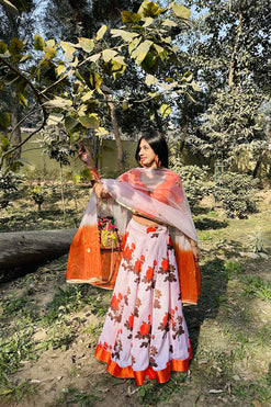 Printed, Chocolate Brown Skirt Set Fabric: Georgette Satin, Dupion, Organza