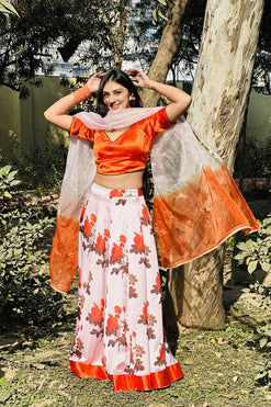 Printed, Chocolate Brown Skirt Set Fabric: Georgette Satin, Dupion, Organza